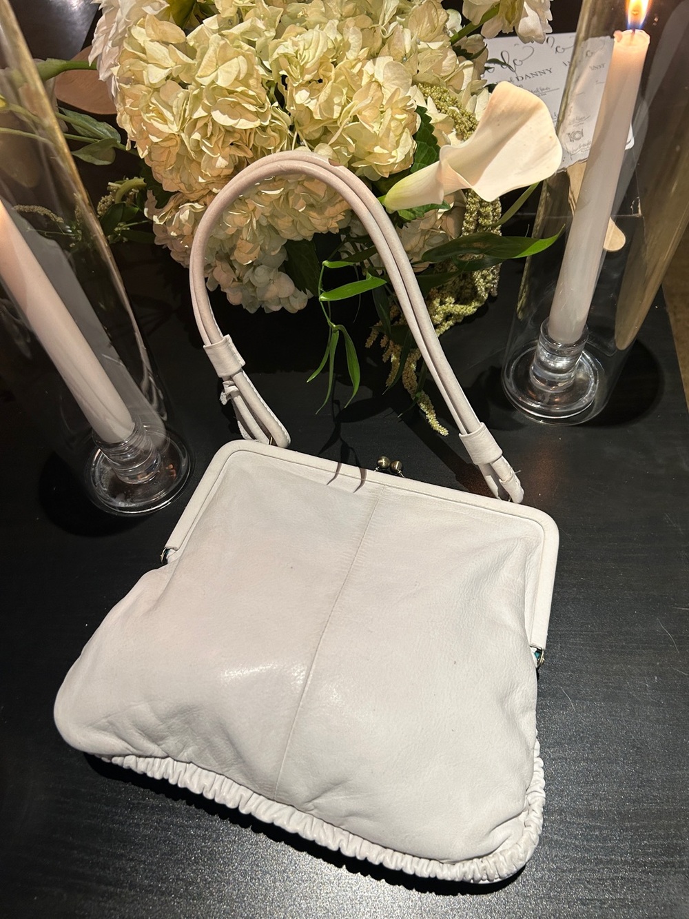 Darling Aqua Madonna Leather Ruffle Kiss Lock Granny Frame Bag